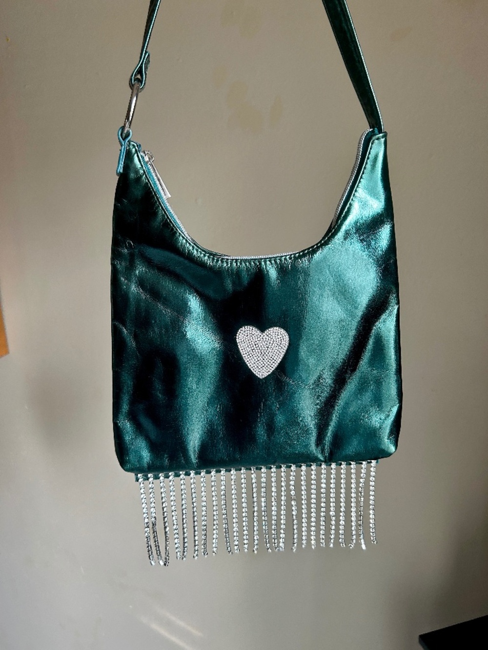 Metallic Green Shoulder Bag With Rhinestones And Tassels Accent
